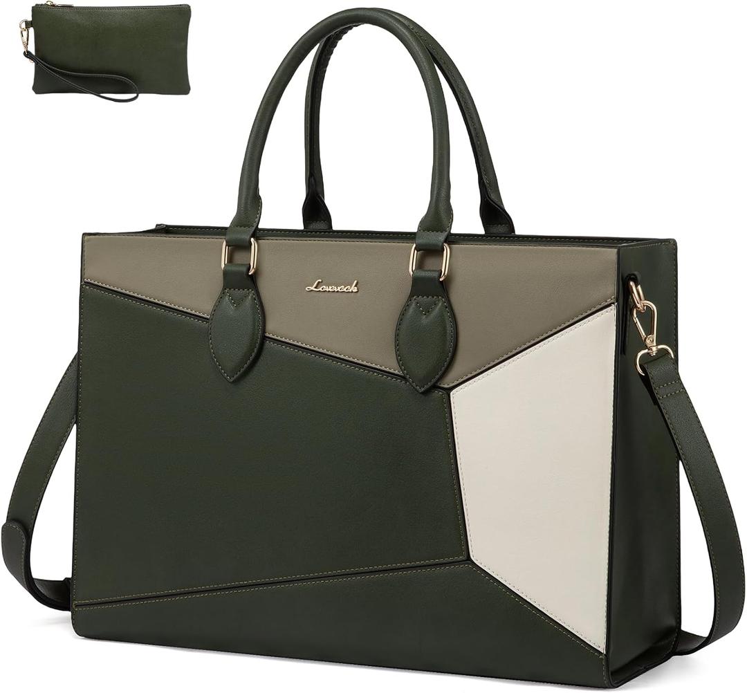 LOVEVOOK Laptop Bag for Women,15.6 lnch Waterproof Lightweight Leather Tote Bag,Professional Business Office Work Bags with Clutch Purse,Large Capacity Computer Shoulder Handbag,Army-Grey-White