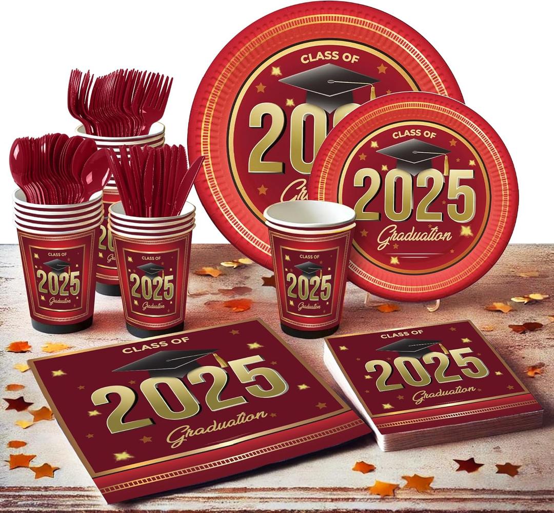 Graduation Decorations Class of 2025 Maroon Burgundy - Complete Disposable Tableware Set for 24 Guests, Includes Paper Plates, Cups, Napkins, Cutlery - Perfect for Graduation class of 2025 Celebration