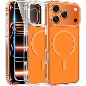 FNTCASE for iPhone 17 Pro-Max Case: Clear Magnetic Phone Cases with Screen Protector Compatible with Magsafe Slim Anti Yellowing Rugged Shockproof Protective Transparent Cell Cover (B-A Orange)