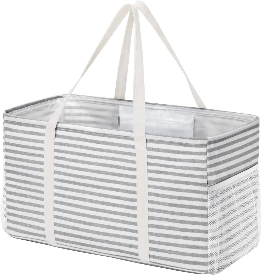 Lifewit Extra Large Tote Bag, Reusable Grocery Bags with Metal Wire Frame and Handles, Standing Utility Foldable Shopping Bags for Storage, Picnics, Beach, Pool, Laundry, Car, Camping, 1 Pack, Grey