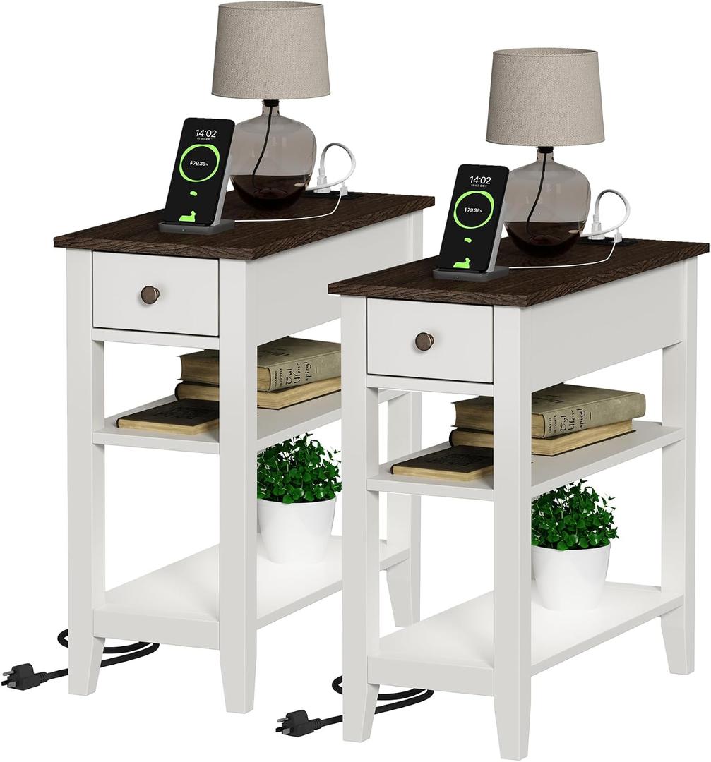 ChooChoo Farmhouse end Table Living Room Set of 2, Sofa Side Table Living Room with Charging Station,Narrow Night Stand with USB Ports & Power Outlets and Hidden Drawer, 12" x 24" x 24"