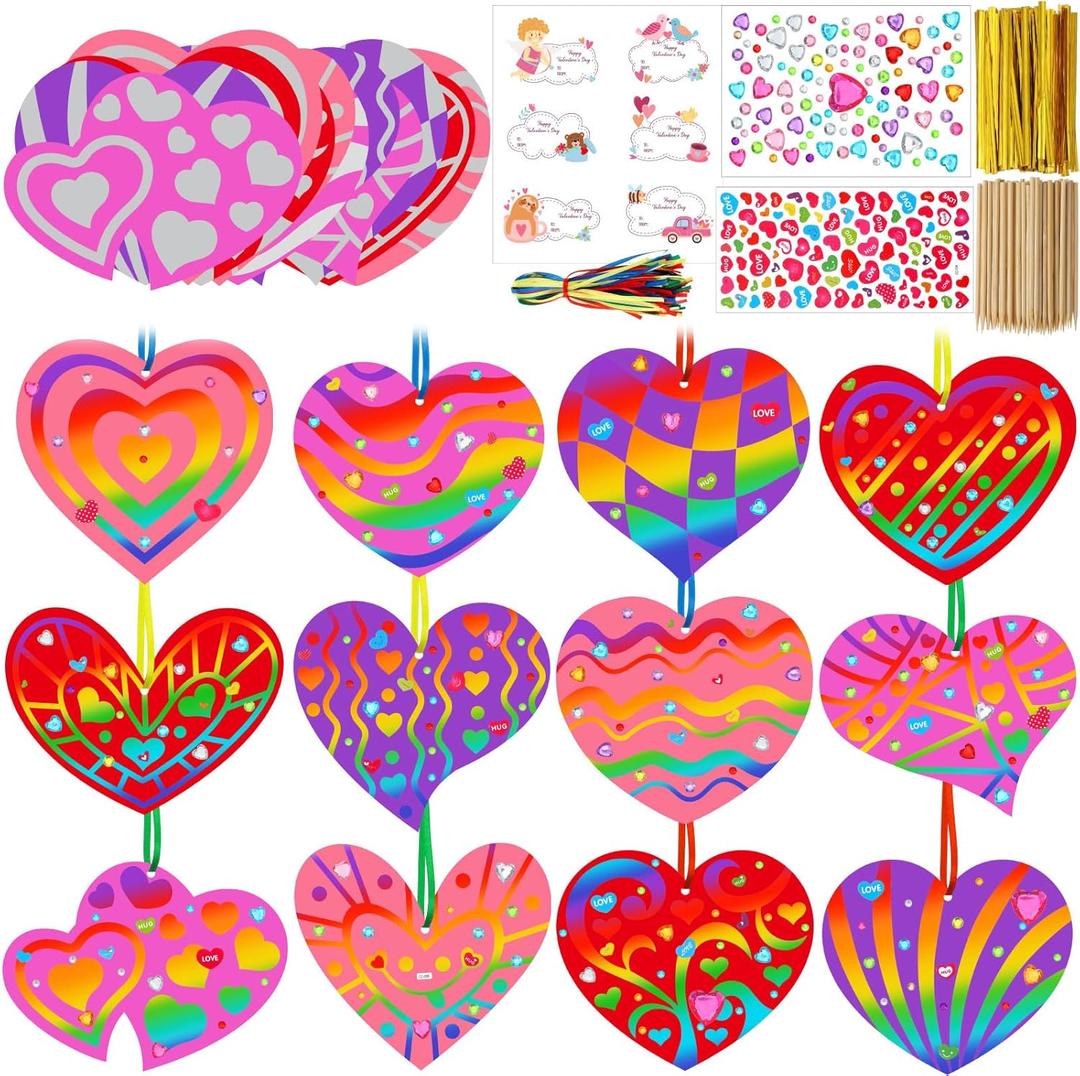 Kolldenn 96 Pcs Valentine Heart Scratch Cards Art Ornaments Colorful Heart Crafts Purple Red and Pink Paper Scratch Decorations for Home DIY Holiday Party Favors
