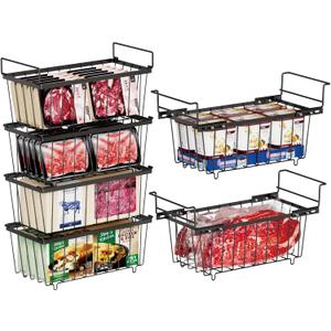 iSPECLE Freezer Organizer Bins - 15.8" to 18.1" Extendable Length Freezer Baskets for Chest Freezer for 7 Cu.Ft Deep Freezer, 2 Hanging Baskets and 4 Stackable Bins, 6 Pack Black