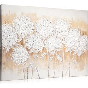 Arborus Wall Art Hydrangea Flower Large Canvas Oil Painting Hand Painted White Floral Pictures Aesthetic Botanical Artwork for Living Room Bedroom Hotel Decoration, 29.5" x 39.4"