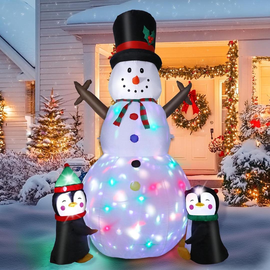 8FT Christmas Inflatable Snowman Outdoor Decorations, Christmas Blow up Snowman with Two Penguins Decoration, Built-in Colorful Rotating Lights for Holiday Xmas Party Lawn Yard Garden