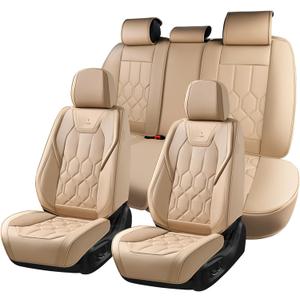 Huidasource Seat Covers Full Set, Universal Fit for Most Cars SUVs Trucks, Full Coverage Leather Automotive Seat Cover, Airbag, Cupholder Compatible, Seat Function Retain, Velcro Adjustable, Beige