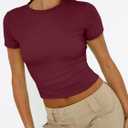 Trendy Queen Womens Short Sleeve T Shirts Summer Crop Tops Basic Slim Fit Gym Workout Y2k Clothes (Red, L)