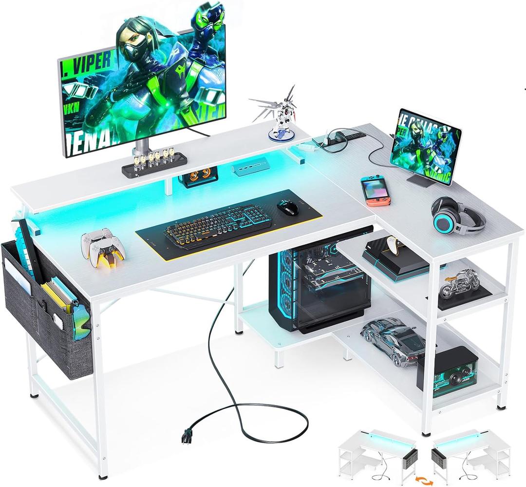 ODK 48 Inch Gaming Desk with USB Charging Ports and LED Lights, Reversible L Shaped Computer Desk with Storage Shelves & Monitor Stand, Corner Home Office Desk Table with Power Outlets, White (Pure White)