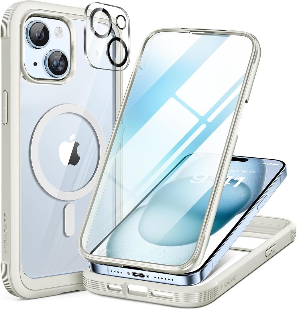 Miracase Glass Series for iPhone 15 Case [Compatible with MagSafe] Full-Body Magnetic Bumper Case with Built-in 9H Tempered Glass Anti-Fingerprint Screen Protector + Camera Lens Protector, White
