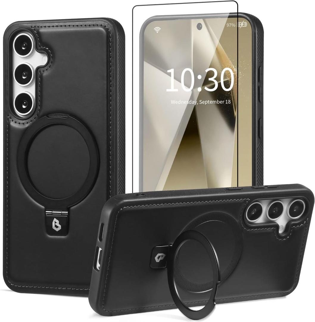 for Samsung Galaxy S25 Plus Case with Stand Magnetic, Compatible with MagSafe Ring Leather Case, with Camera Lens and Screen Protector, Protective Military Grade Shockproof, Black
