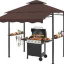 CHARMELEON 8x8 FT Grill Gazebo, Grill Canopy with Big Awning&2 Side Shelves&6 Hooks&Bottle Opener, Powder-Coated Steel BBQ Shelter for Patio Backyard Outdoor Grilling-Brown