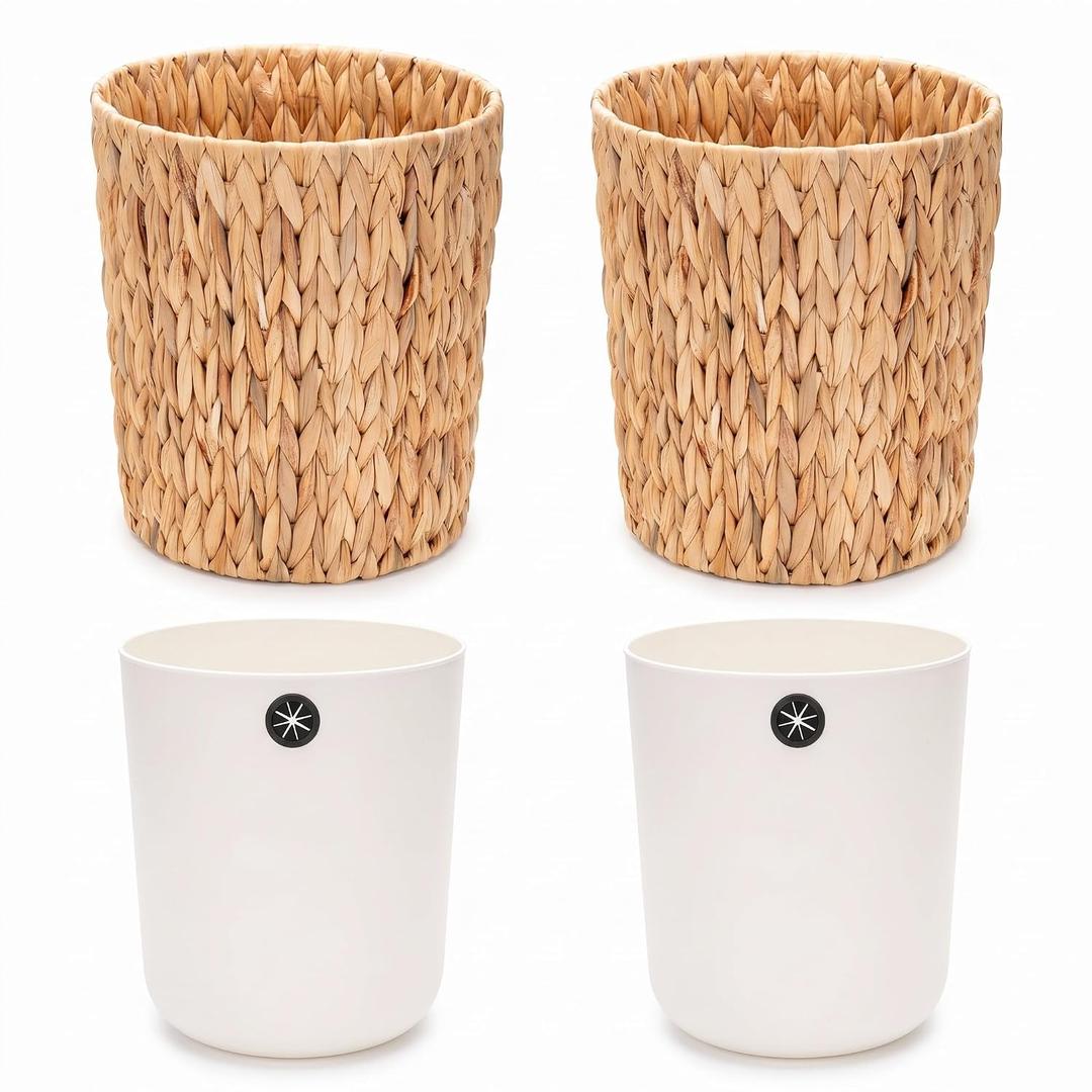 2pcs Small Wicker Trash Can with Removable PVC Liners, 3 Gallon | Bathroom Rattan Trash Can, Handwoven Narrow Waste Basket for Bedroom, Office, Toilet, 11 x 10 x 8.6 in