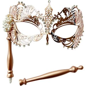 WILOVCOS Venetian Metal Masks for Womens,Masquerade Mask with Stick,Mardi Gras Cosplay Party Mask (Rose Gold)