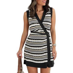 Saodimallsu Womens Wrap V Neck Mini Dress Striped Sleeveless Crochet Knit Tie Waist Beach Boho Cover Up Dresses (S)