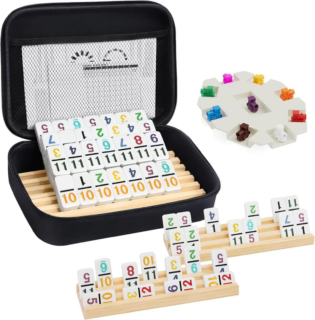 Mexican Train Dominoes Set with Numbers and 4 Wooden Trays/Racks, Double 12 Dominos Travel Set with 4 Tiles Holders, 91 Tiles Double 12 Colored Dominoes Game Set with Portable Case for Families Kids