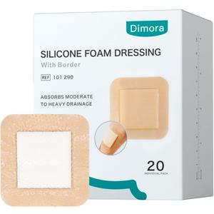 Dimora Silicone Foam Dressing 3x3 inch with Border 20 Pack, Wound Bandage, Gentle Adhesive Waterproof Pads for Sensitive Skin Wound Care 7.5x7.5 cm