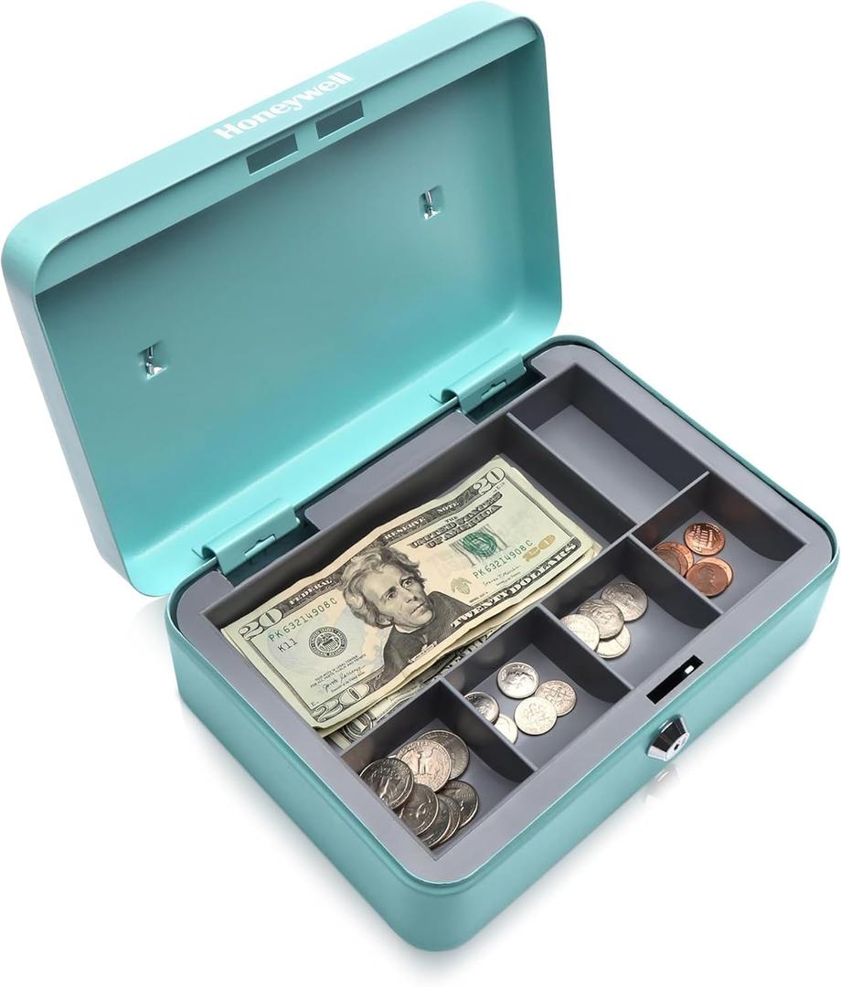 Honeywell Safes & Door Locks - Standard Money Lock Box with Key Lock - Steel Security Cash Box with 1 Removable Cash Tray & 5 Coin Slots - Durable & Scratch Resistant Money Box - 0.14 CU, Teal, 6112TL