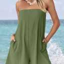 ReachMe Womens Strapless Short Rompers Off Shoulder One Piece Short Jumpsuits Summer Sleeveless Rompers with Pockets (Green, S)