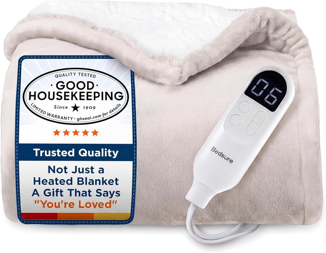 Bedsure Heated Blanket Throw Blanket with Preheat Function - Fast Heating Electric Blanket, Soft Flannel Throw with 6 Time Settings(Up to 10H), 6 Heating Settings, Gifts for Grandma (50"x60", Cream)