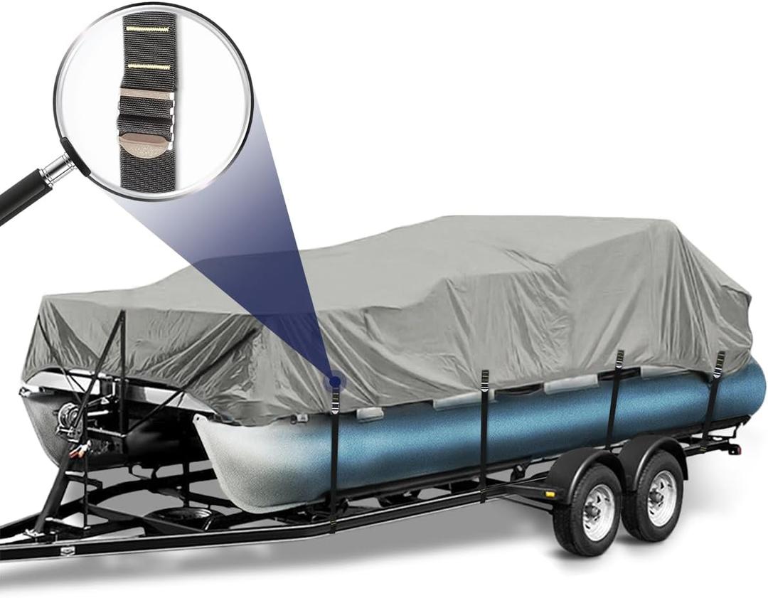 1200D Metal Buckle Heavy Duty Pontoon Boat Cover, Waterproof Elastic Pontoon Boat Cover with Windproof Side Straps Fit 25'-28' Beam Width: up to 102" (Grey) 1200D Metal Buckle Heavy Duty Pontoon Boat Cover, Waterproof Elastic Pontoon Boat Cover with Windproof Side Straps Fit 25'-28' Beam Width: up to 102" (Grey)