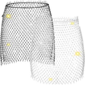 2-Piece Women's Mesh Skirt - See Through Rhinestone Belly Dance Beach Wrap Cover Up - Body Crystal Rave Skirts for Swimwear - White, Black, One Size