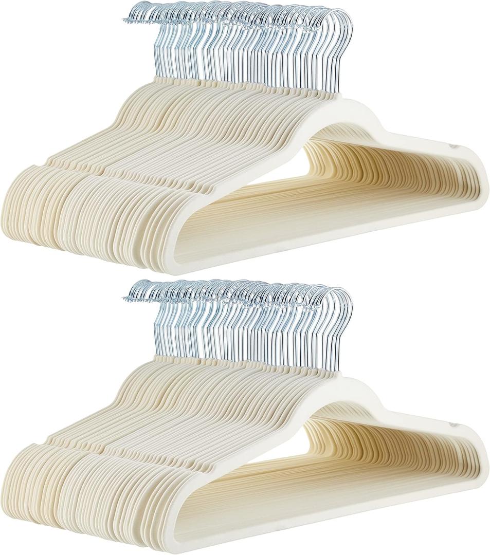 Amazon Basics Slim Velvet Non-Slip Space Saving Suit Clothes Hangers for Closet Organization, Ivory/Beige, 100-Pack, Pack of 100