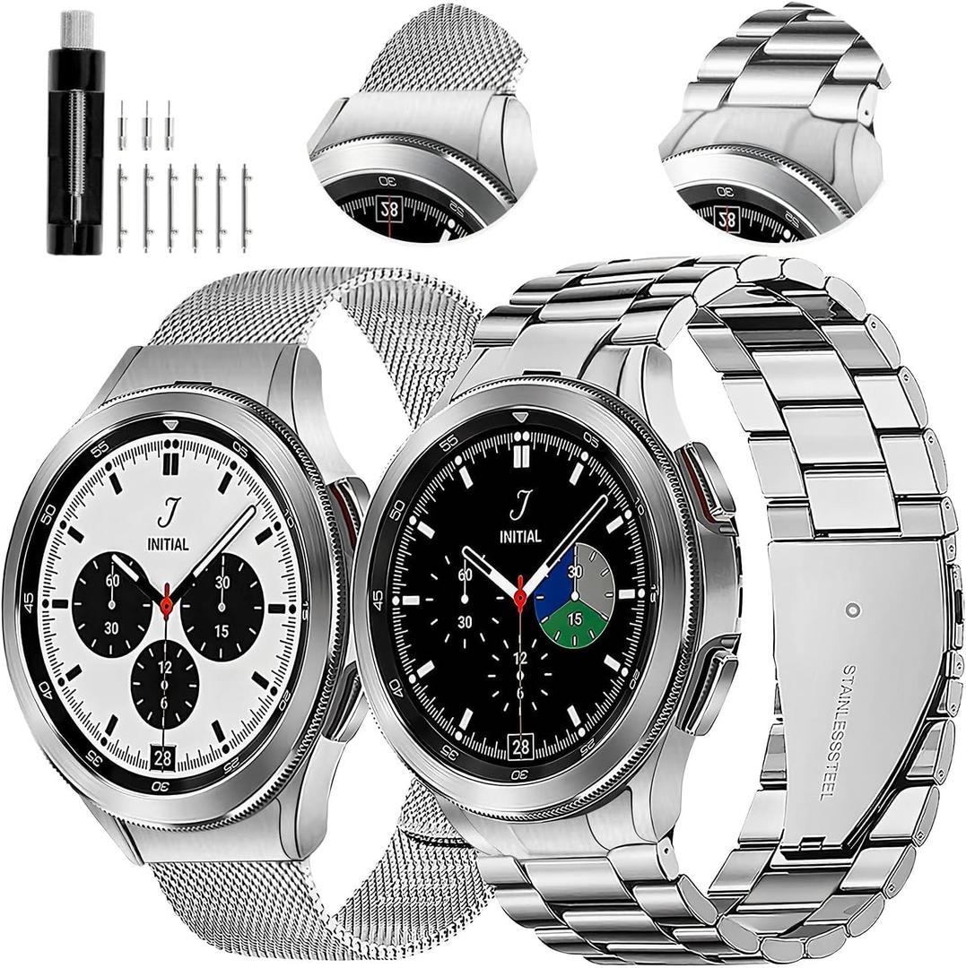 GOLDTOLUCK No Gap Stainless Steel Band Compatible with Samsung Galaxy Watch 8 7 6 5 4 Classic FE Pro Ultra 40mm 44mm 46mm 43mm 47mm 45mm 42mm Replacement Men Women Milanese Metal Elegant Casual (Silver&Silver)