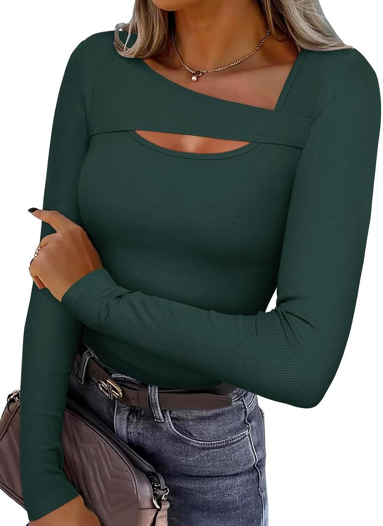 REORIA Women Ribbed Long Sleeve Cutout Tops (Green)
