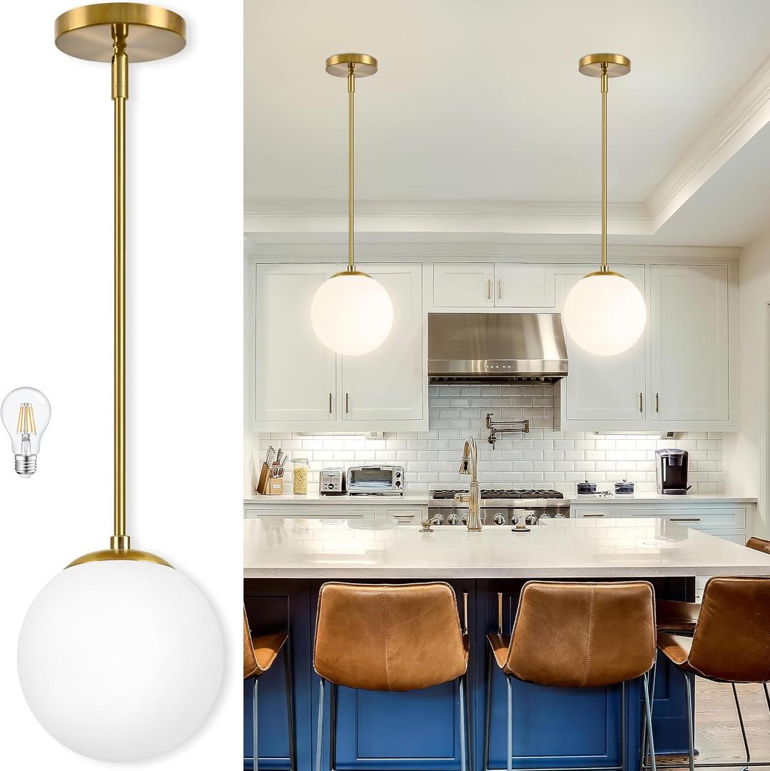 Bagood 8" Globe Pendant Light Gold Mid Century Modern Light Fixture Globe Pendant Lights Kitchen Island Milk Glass Pendant Light Brushed Brass Finished with Milk Glass Lampshade for Dining Room