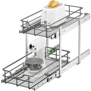 2 Tier Pull Out Cabinet Organizer - 11" W x 22" D Soft Close Slide Out Shelves with Shelf Liners - Pullout Drawers for Kitchen Cabinets, Pantry, Bathroom, Heavy Duty Steel Wire Baskets