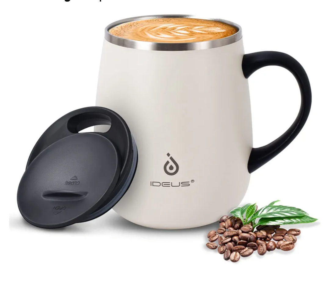Ideus 16 oz (470 ml) Insulated Coffee Mug with Handle and Lid, Double Wall Stainless Steel Vacuum Thermal Coffee Mug, Travel Coffee Cup Thermal Cup for Home and Office (Snow Mountain White)