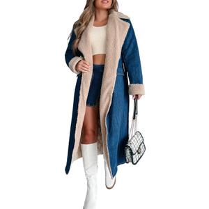 yoeasy Womens Warm Winter Sherpa Fleece Lined Long Denim Coat Windproof Thick Denim Trench Coat with Belt (Medium, Blue)