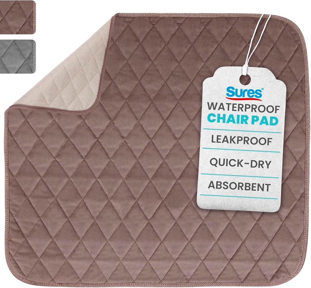 Sures Waterproof Chair Pads for Incontinence (22" x 21") - Washable, Waterproof Seat Protector - Chair Protector Seat Cover - Absorbent Pad for Bed, Seat, Car, Wheelchair & Recliner (Brown, 1 Pack)