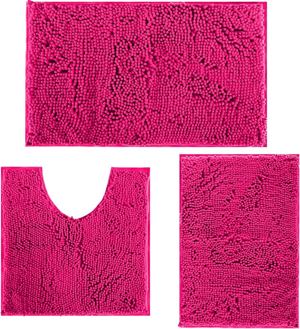 Deep Pink Plush Bath Set of 3 Anti-Slip Mats, Soft Chenille Shaggy Mat for Bathroom, Bedroom & Living Room, Water Absorbent