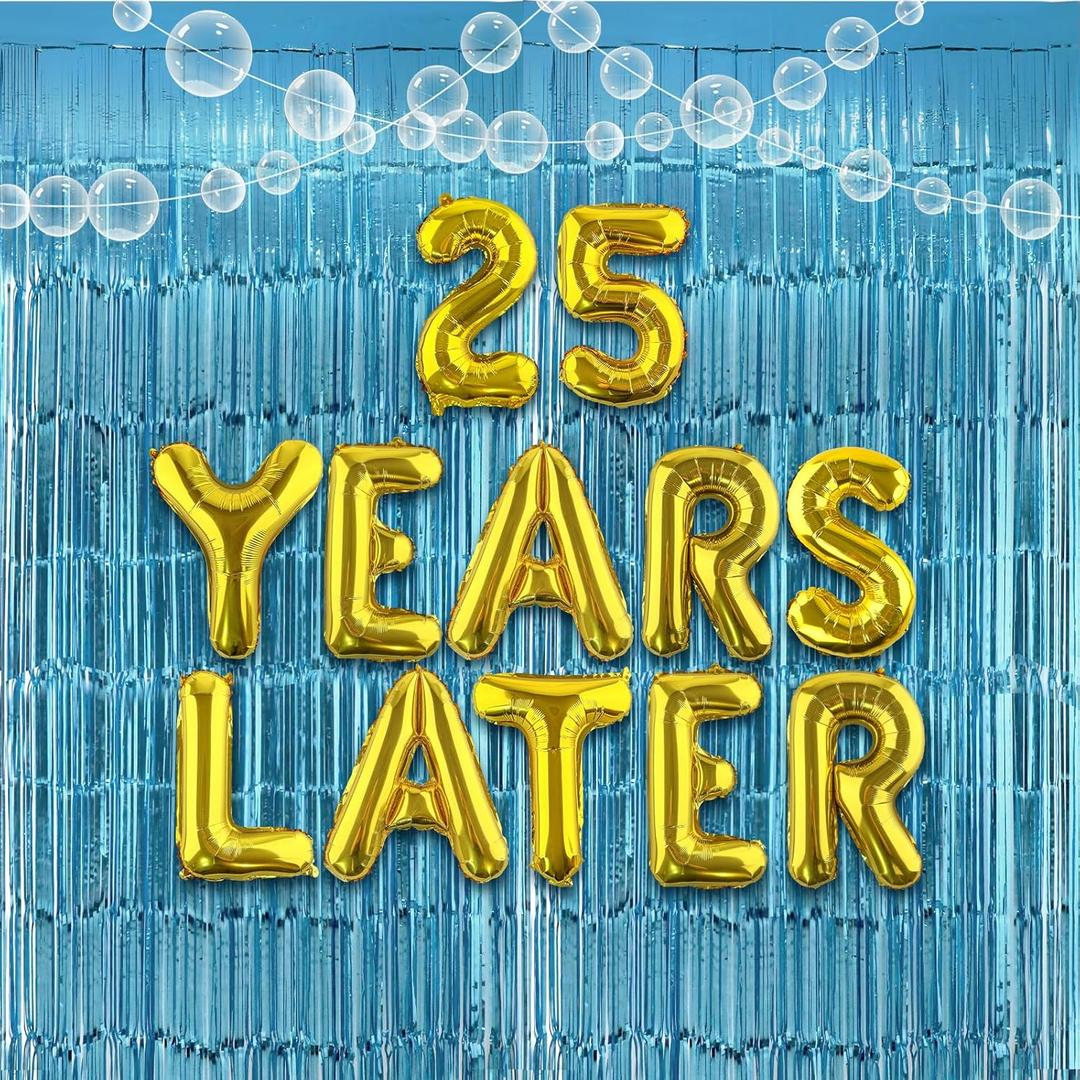 Yellow Cartoon 25th Birthday Decorations 25 Years Later Balloon Banner with Blue Tinsel Foil Fringe Curtain Under the Sea Party Supplies Cartoon Party Favors for Birthday Anniversary Party Supplies