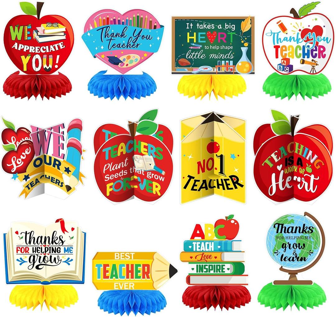 12 Pcs Teacher Appreciation Table Decorations Honeycomb Centerpieces Thank You Table Decoration 3D Teacher Appreciation Week Honeycomb Centerpiece Tables Sign for Classrooms Desks Decor