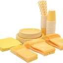 DX DENGXUAN 400-Piece Yellow Party Set,Disposable Paper Plates Cups Plastic Spoons and Fork Knives Blue Napkin,Suitable for 50 Guests,Disposable Party Tableware Set,Wedding Birthday Party