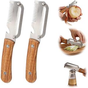 5 x Multifunctional Vegetable Peeler, 3 in 1 Potato Peeler with Wooden Handle, Green Onion Slicer with Bottle Opener Kitchen Tool for Peeling Veggie Fruit Pineapple Pumpkin Papaya Carrrot(2 Pack)