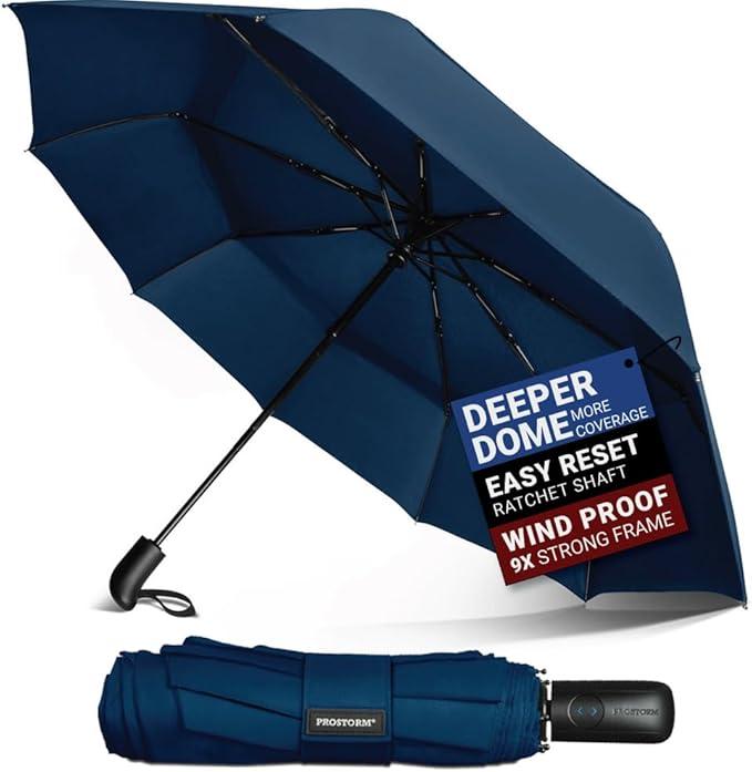 Vented Travel Umbrella | Strong Compact Windproof Umbrella | Deep Dome Coverage | Auto Open/Close | Portable Pop Up with Large Coverage | Fits Car & Backpack (Blue)