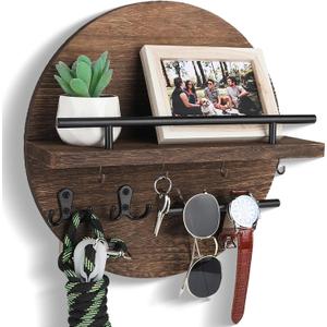 Key Holder for Wall Decorative with Shelf and Hooks, Unique Mail Organizer Wall Mount with Sunglasses Holder, Cute Circular Design Entryway Key Rack Hanger, Rustic Home Decor Boho Wall Decor (Brown)
