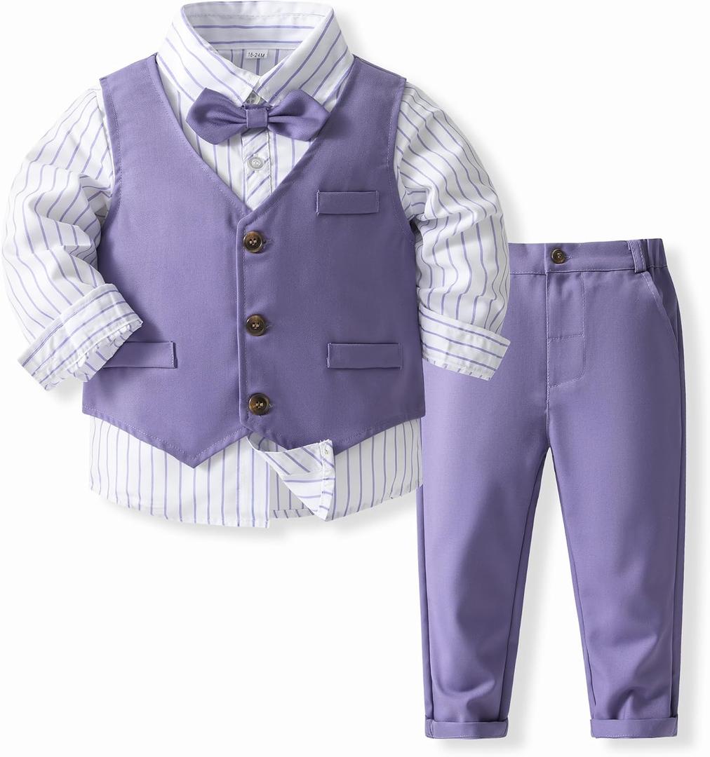 Boys 3Pcs Clothing Sets Long Sleeve Bowtie Shirts +Vest +Pants Casual Suit, 2T