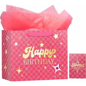 3 x MotiGiftie 13" Pink Happy Birthday Gift Bag with Tissue Paper and Greeting Card for Party, Happy Birthday Gift Bag for Men Women, Hot Stamping Gift Bags
