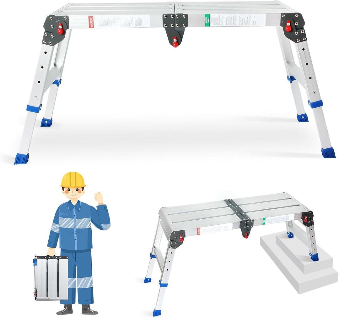 LEADALLWAY Work Platform Height Adjustment 43"(L) x12(W) x20(H) Step Stool Aluminum Platform Ladder with One-Touch Automatic Fold 330 Lbs Capacity (Silvery)