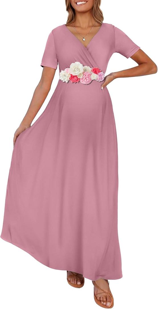 KIM S Summer Maternity Dress Baby Shower Dress for Photoshoot Maternity Maxi Dress (Mauve S)