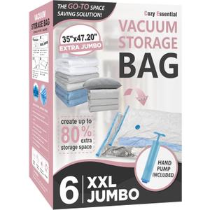 Cozy Essential Vacuum Storage Bags, 80% Compression Vacuum Seal Space Saver Plastic Packaging Bags for Clothes, Blankets, Pillow, Bedding, Comforters, Sealer Clothing Storage,6 XXL Jumbo