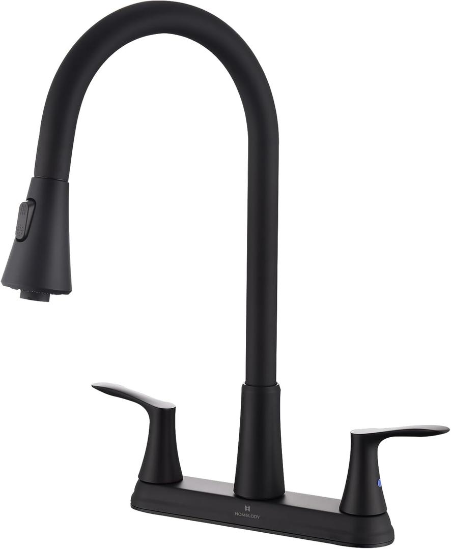 HOMELODY 2 Handles Kitchen Faucet with Pull Down Sprayer for 3 Hole Sink, 8 inch 360 Rotating Spout Centerset Kitchen Sink Faucet with Water Lines Matte Black