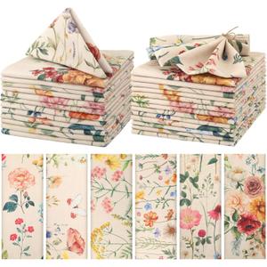 Funnymoom 24 Pcs Butterfly and Wildflowers Floral Napkins Cloth Spring Cloth Napkins Reusable Plants French Retro Toile Dinner Soft Absorbent for Summer Holiday Party