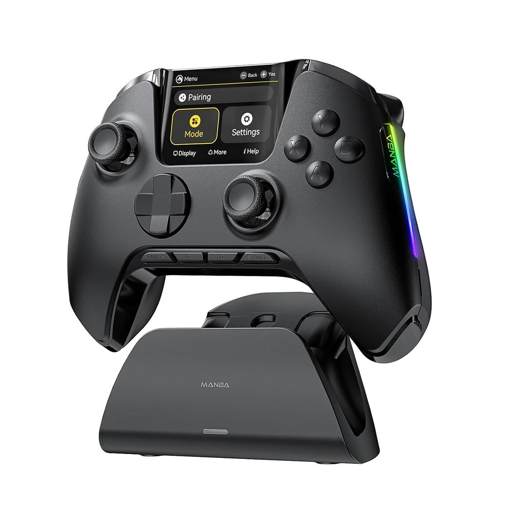 ManbaOne Interactive Screen Wireless Gaming Controller for PC/Switch/Switch 2/iOS/Android,Hall Effect Stick & Trigger,RGB Lighting,Remappable Buttons,1800mAh with Charging Dock (Black)
