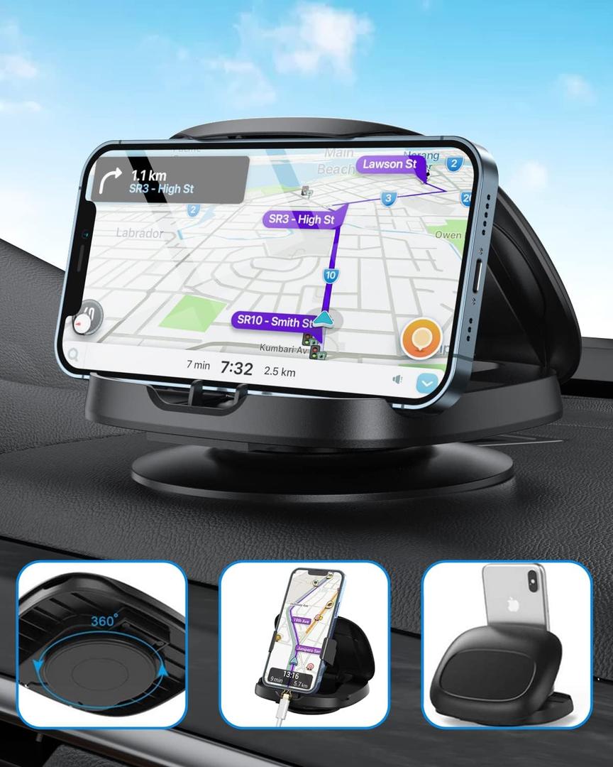 Phone Mount for Car, 360 Rotatable Dashboard Horizontal & Vertical Viewing Cell Phone Holder, Washable Reusable Car Phone Mount, for iPhone Samsung & Smartphones (Classic Black)