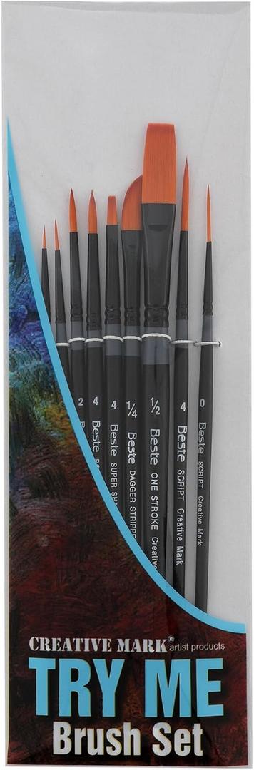 Creative Mark Best Golden Taklon Paint Brushes- Try-Me Decorating Set of 9- Multi-Diameter Natural Bristle Watercolor Brushes- Short Handle Paint Brush For Artists, Watercolor, Acrylic Paint & Gouache